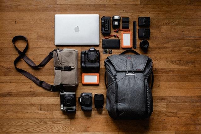 backpack, macbook, and camera gear
